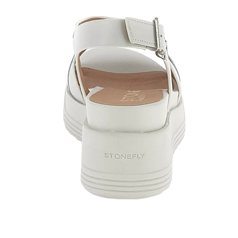 Stonefly women's casual sandal with Parky 28 Calf wedge in leather with chain 220903-151 white