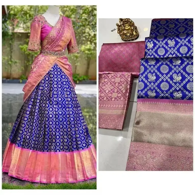 Traditional Blue Color  Kasata Peacock Banarasi Silk Half Saree Lehenga Choli With Dupatta