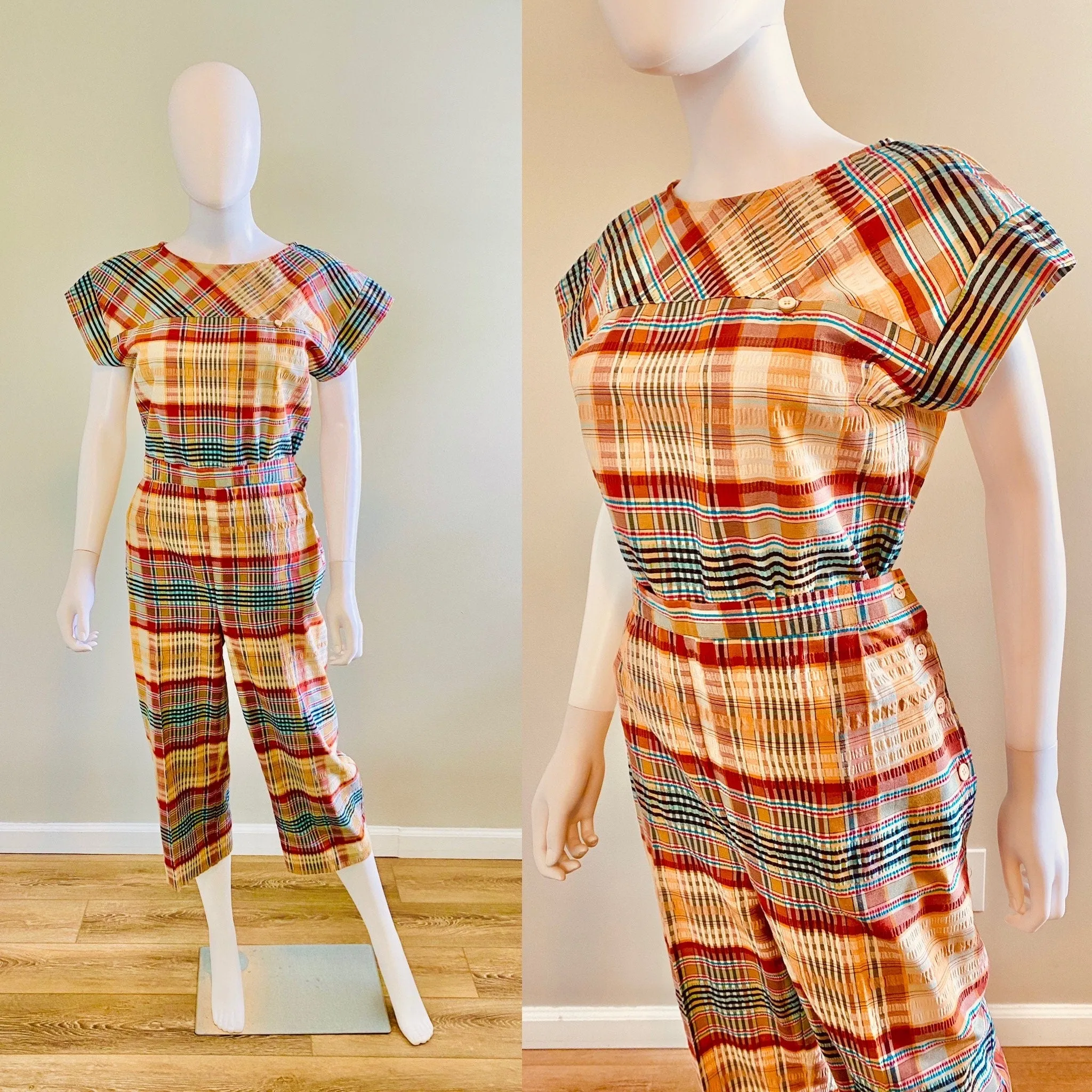 Vintage 1970s Madras Plaid Side Button Capri and Blouse Set / 70s does 1950s cotton pants and top / Size S