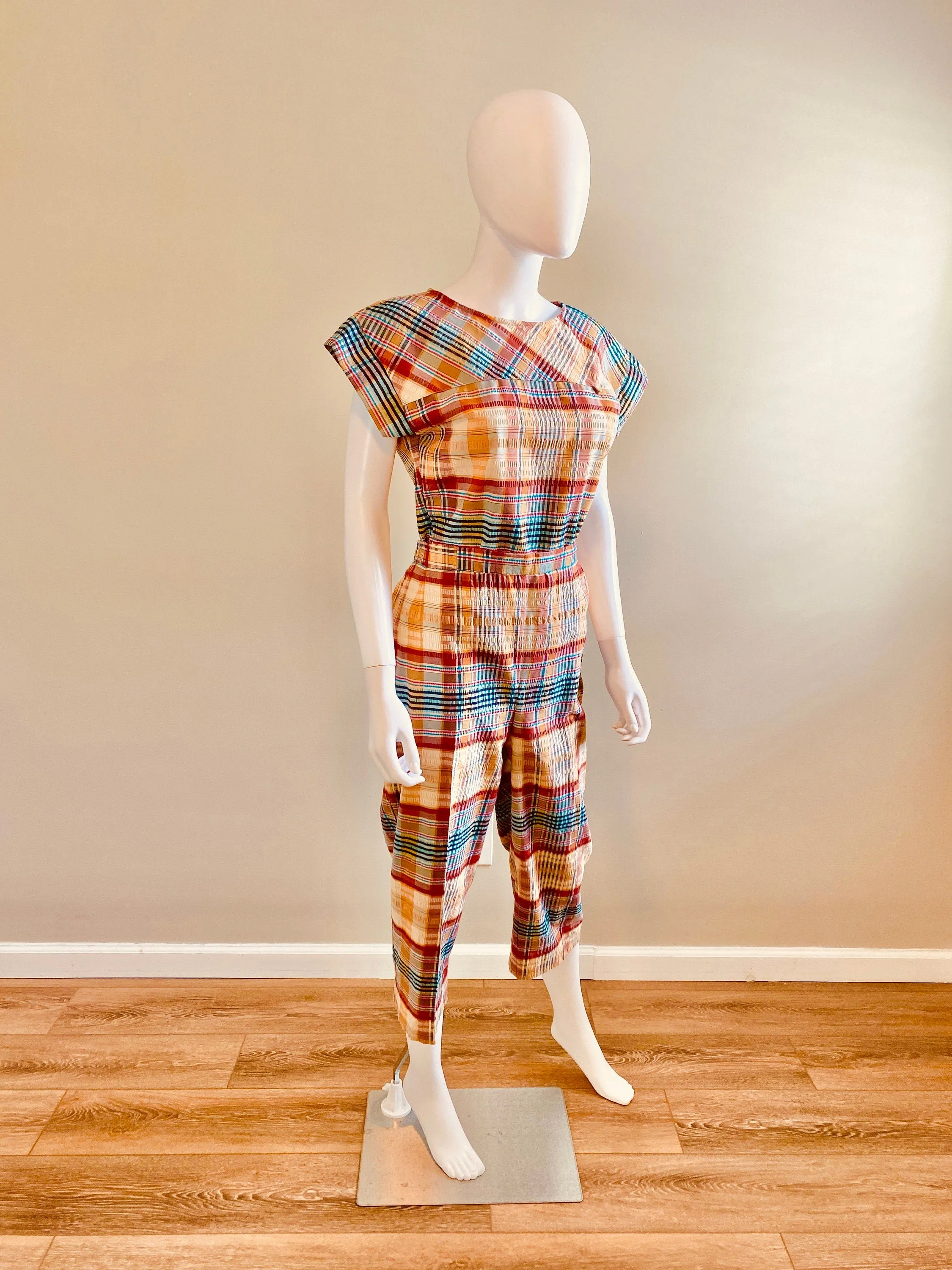 Vintage 1970s Madras Plaid Side Button Capri and Blouse Set / 70s does 1950s cotton pants and top / Size S