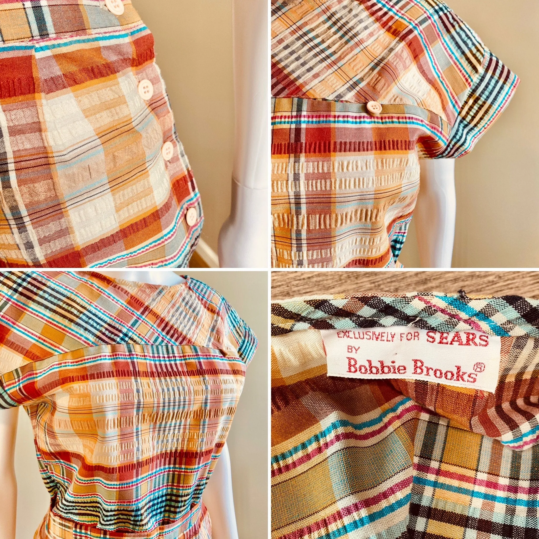 Vintage 1970s Madras Plaid Side Button Capri and Blouse Set / 70s does 1950s cotton pants and top / Size S